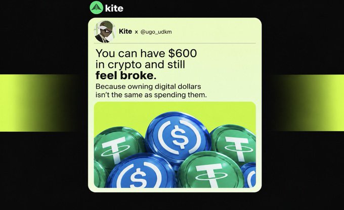 A "Kite" social media post featuring a cartoon profile and the text "You can have $600 in crypto and still feel broke. Because owning digital dollars isn't the same as spending them," accompanied by an image of stacked USDC ($) and Tether (₮) stablecoin tokens. The post's message about stablecoins feeling inaccessible despite being dollar-backed directly reinforces the accompanying caption about the disconnect between crypto ownership and real-world spending power.