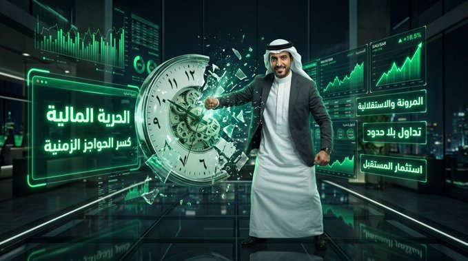 A digitally-rendered man in traditional Saudi attire punches through a clock face shattering it, surrounded by green holographic screens displaying "الحرية المالية" (Financial Freedom), "المرونة والاستقلالية" (Flexibility and Independence), "تداول بلا حدود" (Trading Without Limits), "استثمار المستقبل" (Future Investment), and an "XAU/USD" ticker showing +18.5%, visually symbolizing the post's message about breaking free from time constraints, as 62% of trading now occurs outside regular hours, enabling round-the-clock liquidity through tokenized assets.