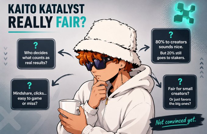 An infographic titled "KAITO KATALYST REALLY FAIR?" featuring an anime character questioning the fairness of the system with concerns about creators, mindshare, and stakers, ending with "Not convinced yet."