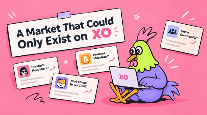 A promotional graphic for XO with the headline 'A Market That Could Only Exist on XO,' featuring an illustrated bird using a computer surrounded by market cards like 'Creator's Next Move?' and 'Protocol Milestone?'.