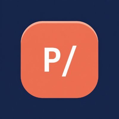 A coral-colored app icon featuring a white 'P/' logo on a dark navy background.