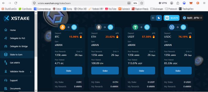 A screenshot of the xStake (xstake.wanchain.org) staking interface showing various deposit options including BTC, ETH, USDT, and USDC with their respective APR rates.