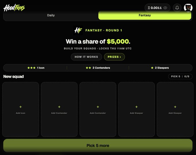 A HoodFeats fantasy sports interface showing a "Win a share of $5,000" contest with empty squad slots to add 1 Icon, 2 Contenders, and 2 Sleepers.