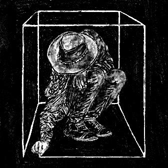 A black and white woodcut-style illustration depicting a hunched figure wearing a hat, sitting inside a transparent rectangular box.