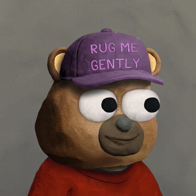 A 3D rendered teddy bear character wearing a red shirt and a purple baseball cap that says 'RUG ME GENTLY' in pink text.