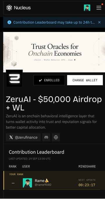 A screenshot from Nucleus showing a 'ZeruAI - $50,000 Airdrop + WL' task for @zerufinance, with a Contribution Leaderboard ranking a user named Rame (@rame9040).