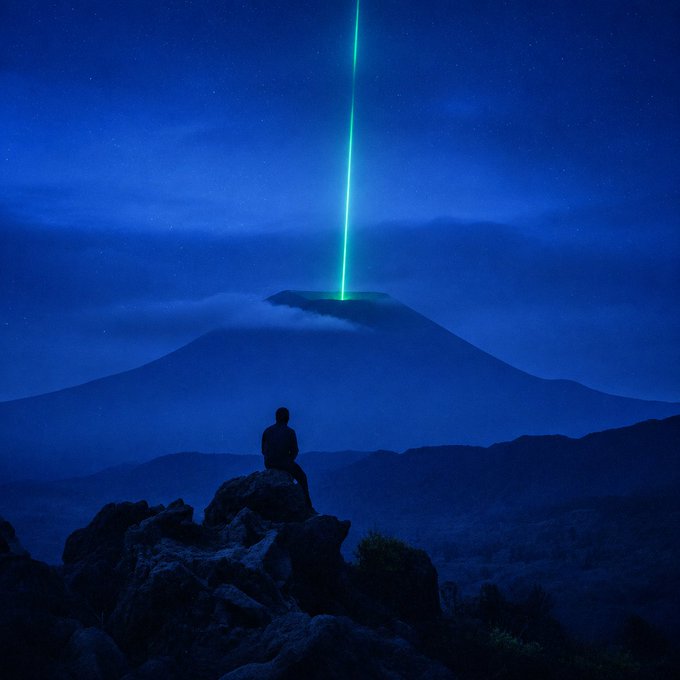 A lone figure sits on a rocky outcrop under a starry night sky, gazing at a glowing green beam shooting skyward from a distant volcano's peak. The image evokes a sense of anticipation and mystery, perfectly mirroring the cryptic "W E N ?" question by suggesting something momentous or otherworldly is about to happen—though the "when" remains unknown.