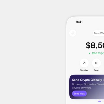A mobile wallet app interface displaying a main wallet balance of $8,500, with receive and send buttons, and a promotional banner reading 'Send Crypto Globally - No delays. No borders. Transfer to anyone anywhere' with a 'Send Now' button.