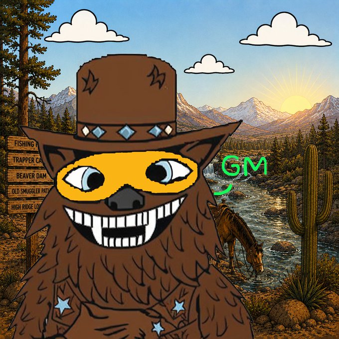 A cartoon illustration shows a brown bear-like character with a wide, toothy grin wearing a tall hat, set against a desert landscape with mountains, a horse, and a cactus, with the green letters 'GM' next to it.