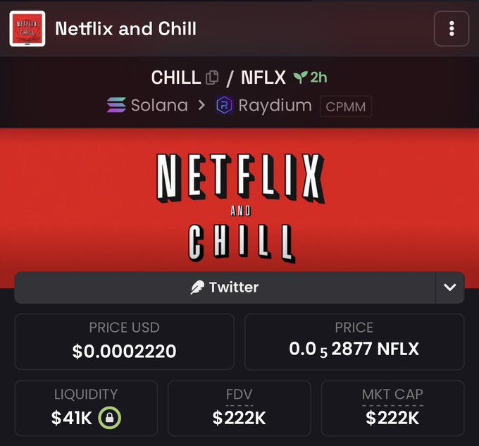 A cryptocurrency token page for "Netflix and Chill" (CHILL / NFLX) on the Solana blockchain via Raydium CPMM, priced at $0.0002220.