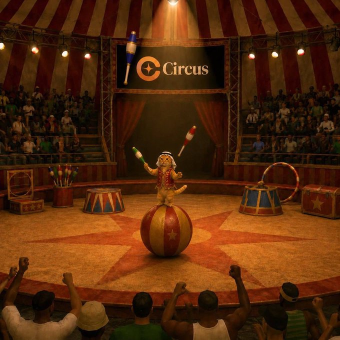 An anthropomorphic cat in a circus costume performs a balancing act on a striped ball while juggling clubs, in a 'Circus' big-top tent with an enthusiastic audience cheering in the foreground.