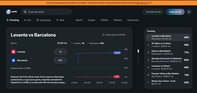 The image shows the World prediction market interface displaying the Levante vs Barcelona match, where Barcelona is favored at 86% to win with a 7¢ payout, alongside a trending sidebar featuring other markets like SF 49ers vs LA Rams and Elche vs Real Madrid. The post relates to this by referencing @world_xyz's website being back online, mentioning a recently completed trade (likely the Levante vs Barcelona prediction), and notes that the "StimMirs" campaign is currently paused with no rewards yet distributed.