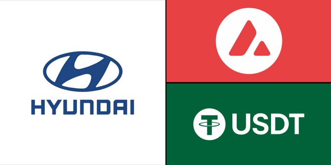 A composite image showing three logos: the Hyundai logo on a white background, the Avalanche (AVAX) logo on a red background, and the Tether (USDT) logo on a green background.