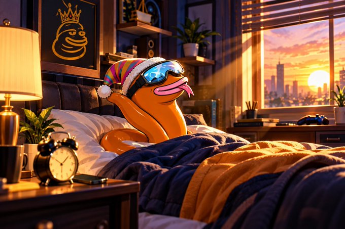 An AI-generated image shows an orange worm-like character wearing a winter beanie and reflective goggles, lounging on a bed in a cozy bedroom with a city skyline visible through the window at sunset.