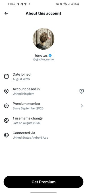 Mobile app 'About this account' page for Ignotus (@ignotus.nemo), showing an August 2026 join date and UK-based account.