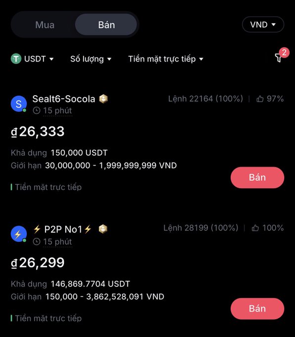 Vietnamese-language crypto P2P trading interface showing USDT sell offers in VND, with 'Sealt6-Socola' at ₫26,333 (150,000 USDT available) and 'P2P No1' at ₫26,299 (146,869 USDT available).