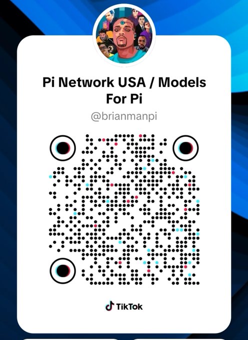 A TikTok profile card for 'Pi Network USA / Models For Pi' with the handle '@brianmanpi,' featuring a profile picture collage of faces and a large QR code.