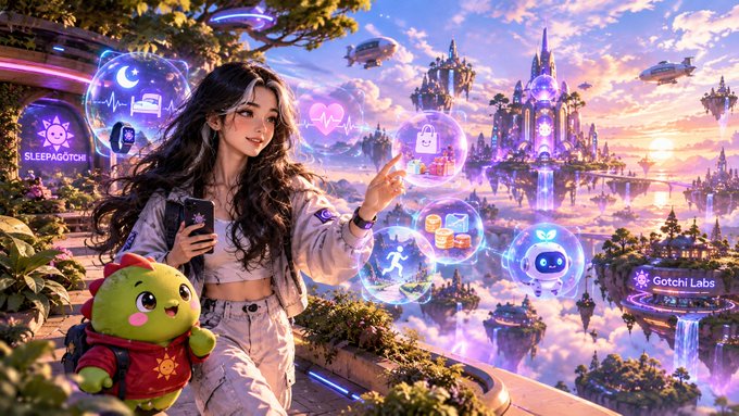 A digital fantasy illustration featuring an anime-style woman with a green plush companion surrounded by floating holographic bubbles labeled "SLEEPAGOTCHI" and "Gotchi Labs," set against a sky kingdom backdrop.