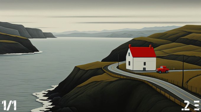 A lone white house with a red roof and matching red truck sits along a winding coastal road, evoking themes of solitude and nostalgia that align with the artwork's "Lost Memory" title, which is displayed as "1/1" in the bottom corners to signify it as a unique piece minted and listed on Manifold.