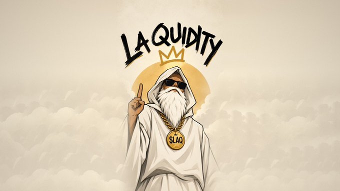 The image shows a cartoon-style bearded figure in a white hooded robe with sunglasses, holding up one finger and wearing a gold chain with a "$LAQ" medallion, set against a cloudy sky with the text "LA QUIDITY" and a crown above him. The caption relates to the post by portraying the "LaQuidity" monk as a divine crypto prophet figure, reinforcing the meme's branding and its promise of a faithful, non-rug-pull community.