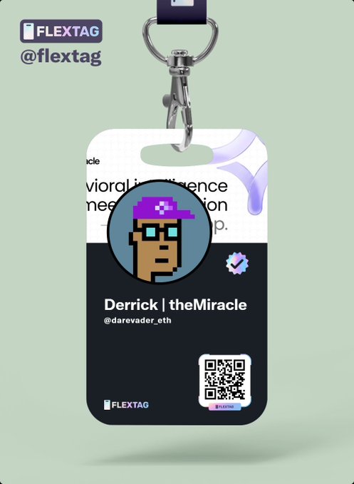 A FLEXTAG branded lanyard or badge holder featuring a pixel art character with sunglasses and purple hat labeled 'Derrick | theMiracle' (@darevader_eth) along with a QR code.