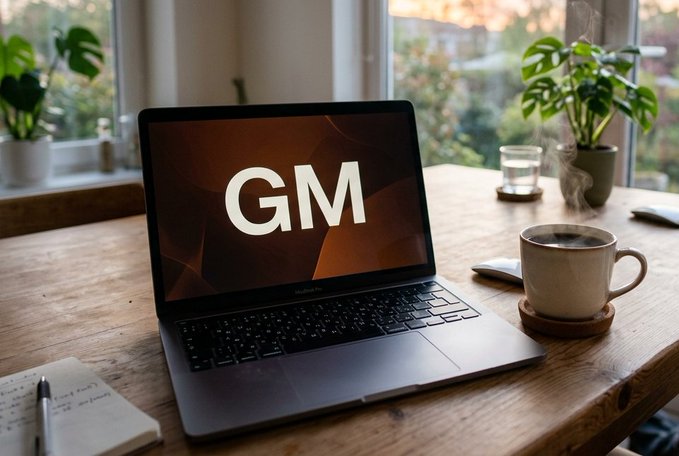 A laptop displaying 'GM' on its screen sits on a wooden desk beside a steaming coffee mug, plants, and a notebook near a sunlit window.