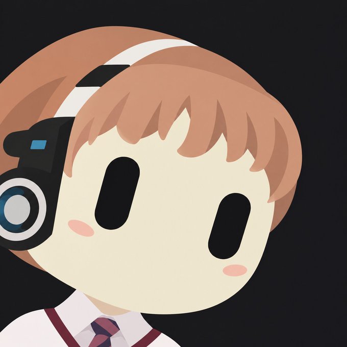 A stylized chibi-style illustration of a character with orange hair, large black oval eyes, pink blush cheeks, wearing a camera headset, white shirt, and striped tie against a black background.