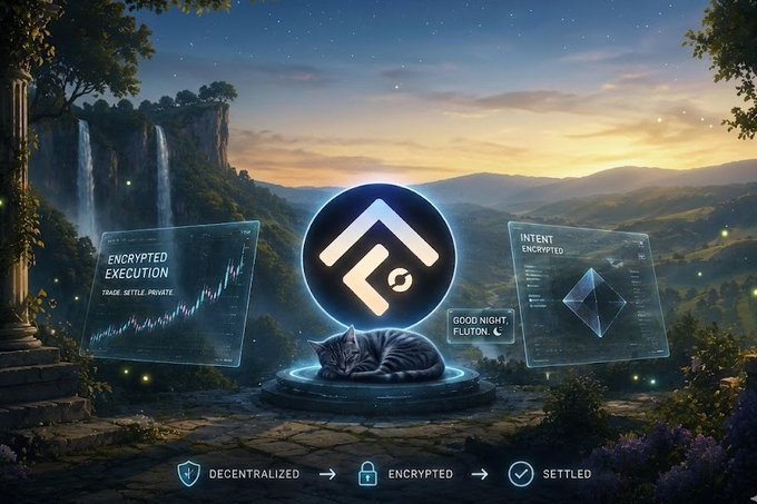 The image features a digital illustration of three interconnected floating screens displaying "Encrypted Execution", "Intent Encrypted", and a live trading chart against an evening sky backdrop. The main focus of the image is a cat that has fallen asleep on a rock, symbolizing the idea of a system never sleeping or inactive. In relation to this scene, there are two posts: one describing a new world system with floating screens displaying different protocols, and another post discussing the "Fluton" sentinel's current state during nighttime. The posts connect these two elements in a visual representation of how systems operate and what happens when they become inactive or fall asleep.