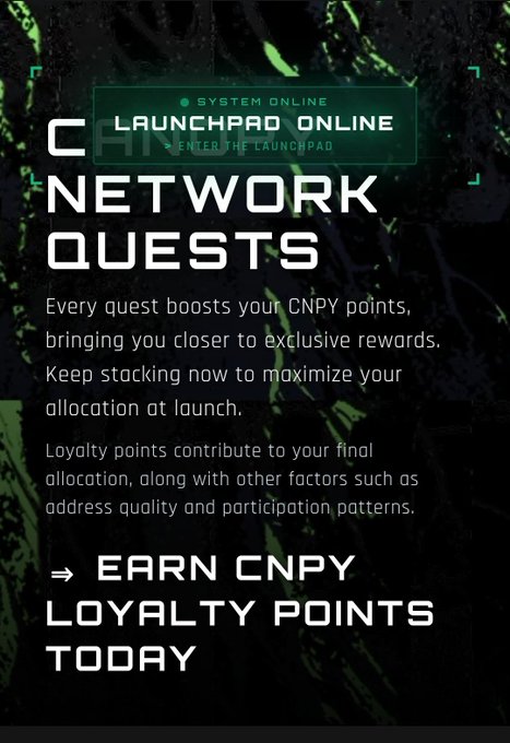 A promotional graphic for 'NETWORK QUESTS' on a 'LAUNCHPAD ONLINE' platform, explaining that quests boost CNPY loyalty points for rewards at launch.