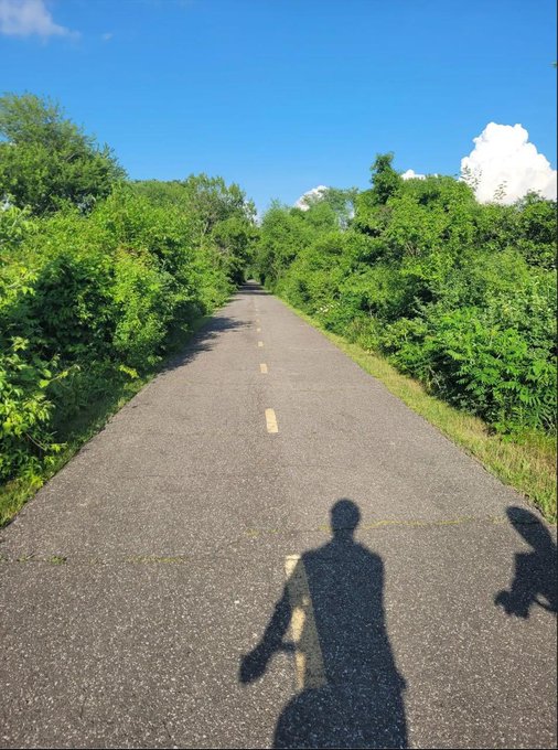 A first-person view from a bicycle ride on a paved path surrounded by lush green trees under a blue sky, with the shadow of the cyclist cast on the road.
