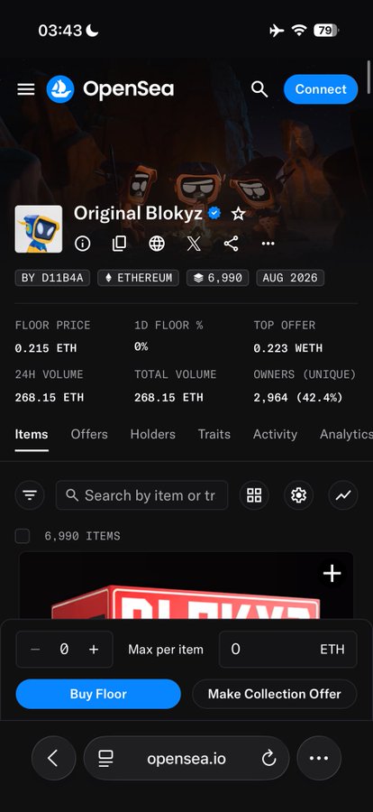 A screenshot of the OpenSea NFT marketplace shows the "Original Blokyz" collection page with a floor price of 0.215 ETH, 24-hour volume of 268.15 ETH, and 2,964 unique owners (42.4%), supporting the post's claim about Blokyz performing well in the NFT market.