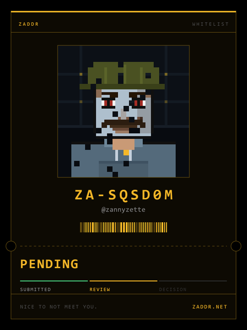 A digital ID card or profile screen for 'ZADOR WHITELIST' featuring a pixel art character with a mustache and green hat, the username 'ZA-SQSDOM @zannyzette', a barcode, and a status bar showing 'PENDING' in the 'REVIEW' stage.