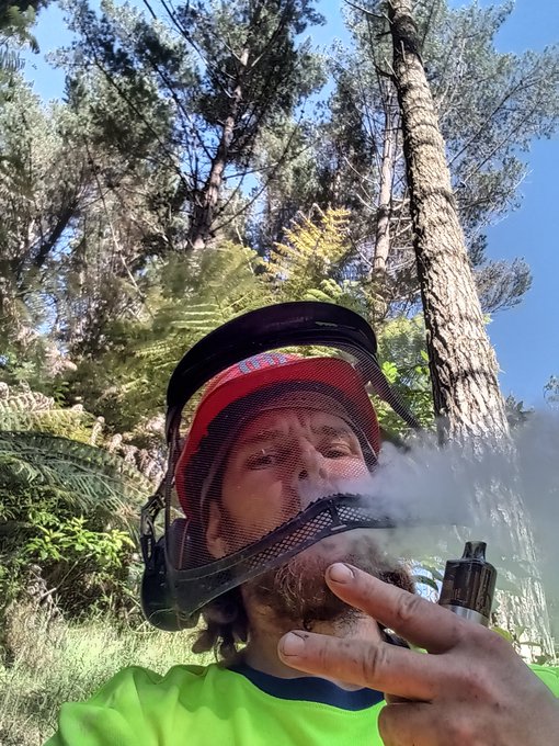 A man wearing a red cap and a mesh face shield smoking a vape outdoors in a forested area with pine trees in the background.