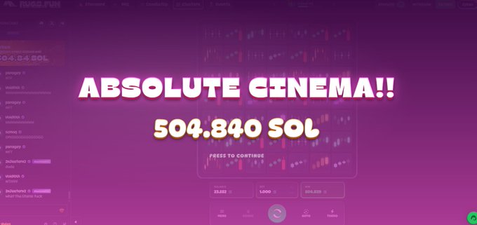 A gambling website interface with a purple gradient background, prominently displaying the text 'ABSOLUTE CINEMA!!' above the amount '504.840 SOL'.