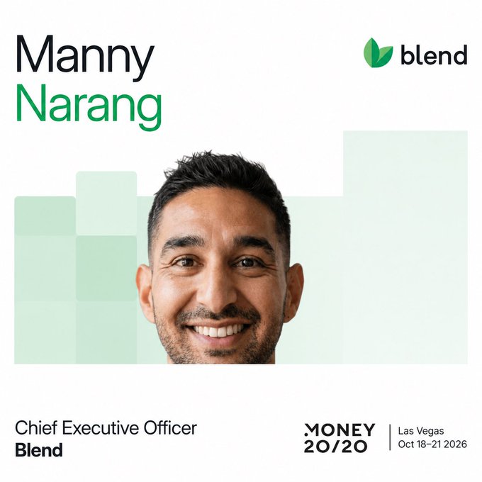 A promotional graphic features Manny Narang, Chief Executive Officer of Blend, for the Money 20/20 conference in Las Vegas, October 18-21, 2026.