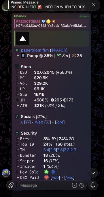 A Telegram pinned message from an 'INSIDER ALERT' bot showing stats for a token called $PAPER on paperxiom.fun via Pump, including a price of $0.0...2045, market cap of $20.5K, and security metrics.