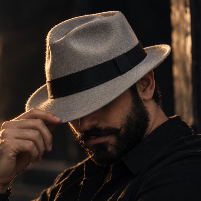 Close-up portrait of a bearded man wearing a gray felt fedora with a black band, tipping his hat down over his eyes with dramatic warm lighting.
