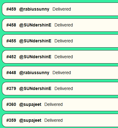 A screenshot of a messaging app showing multiple 'Delivered' status notifications from users including @rabiussunny, @SUNdershinE, and @supajeet with message numbers ranging from #359 to #459.