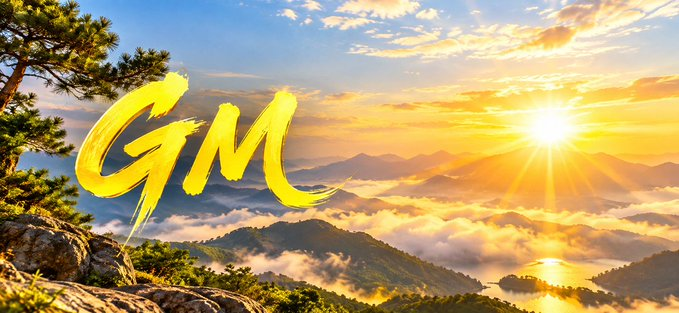 A scenic landscape photograph of a mountain sunrise with golden clouds and a lake below, overlaid with the text 'GM' in large yellow brushstroke letters.