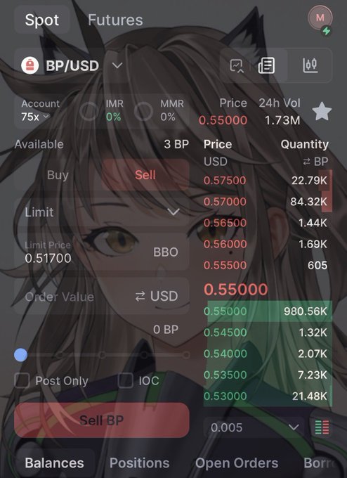 The image shows a screenshot of an E-Torq trading app's interface, which provides information about future transactions for the user. The app displays details like the girl character from "Folk Hero" in various sections, indicating the different aspects of the transactions that are currently active or in progress. The post is called "Fock it. No more cheap entries. would not want to give lower entries below 0.5 Keep buying. LFG $BP to the moon." This post suggests that any transaction under the given price range should be held, and users should focus on purchasing at this particular time.