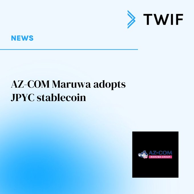 A TWIF news article announcing that AZ-COM Maruwa has adopted the JPYC stablecoin, featuring the AZ-COM Maruwa Group logo.
