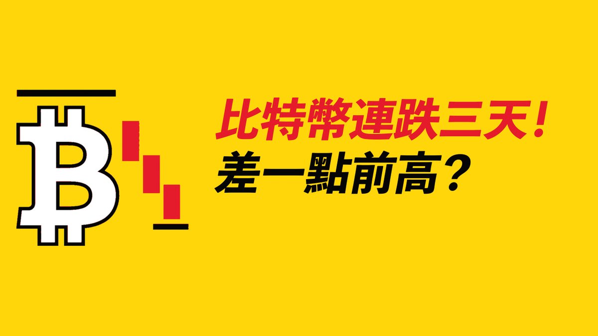 A yellow graphic featuring a Bitcoin symbol next to a red declining bar chart with Chinese text reading '比特幣連跌三天！差一點前高？' (Bitcoin falls for three consecutive days! Almost at previous high?).