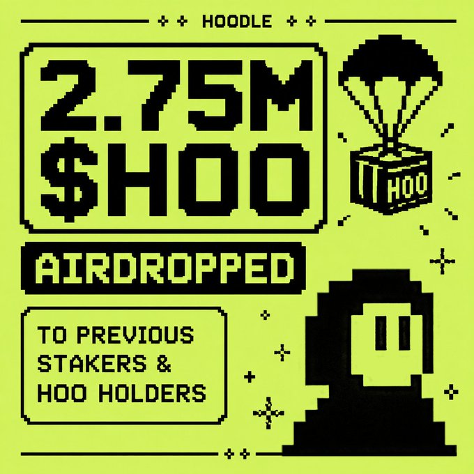 A pixel-art style graphic for HOODLE announcing '2.75M $HOO AIRDROPPED TO PREVIOUS STAKERS & HOO HOLDERS' with a treasure chest and hooded figure illustration.