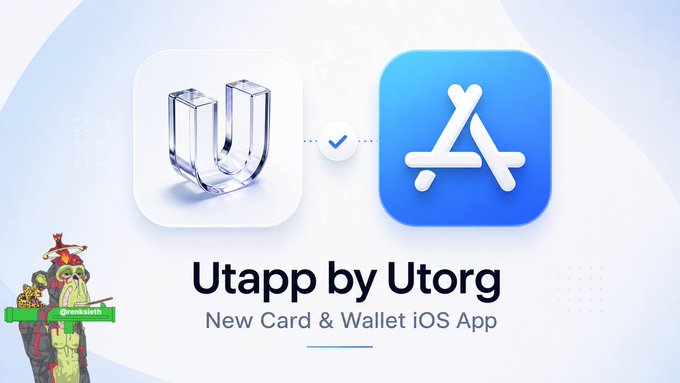 A promotional graphic for 'Utapp by Utorg' showing integration with the Apple App Store, labeled as a 'New Card & Wallet iOS App'.