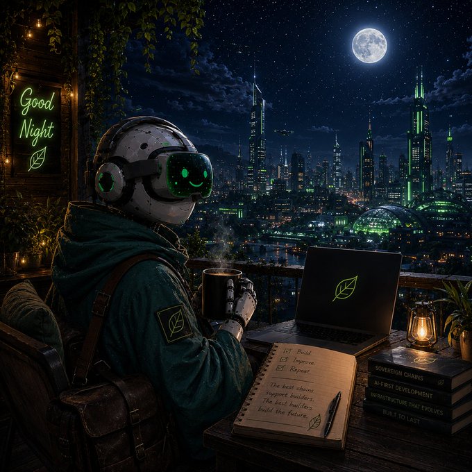 A digital illustration of a robot wearing VR goggles, sitting at an outdoor balcony desk with a notebook (listing 'Build, Improve, Repeat') and laptop displaying a green leaf logo, overlooking a futuristic nighttime cityscape under a full moon with a 'Good Night' neon sign.
