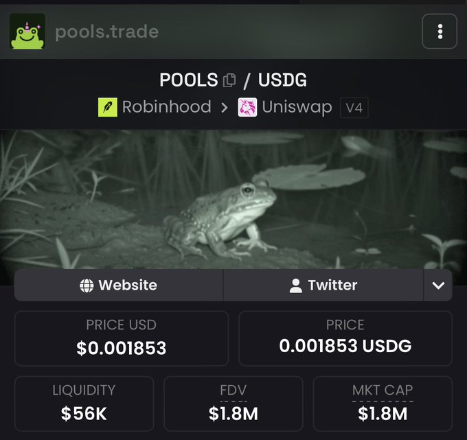 A screenshot from pools.trade displays the POOLS/USDG token trading page (Uniswap V4), showing a price of $0.001853, $56K liquidity, and a $1.8M market cap, with a frog mascot in the background. The image visually supports the post's claim about $POOLS being the legitimate Uniswap token, highlighting the modest $1.8M market cap that the author suggests won't last long.