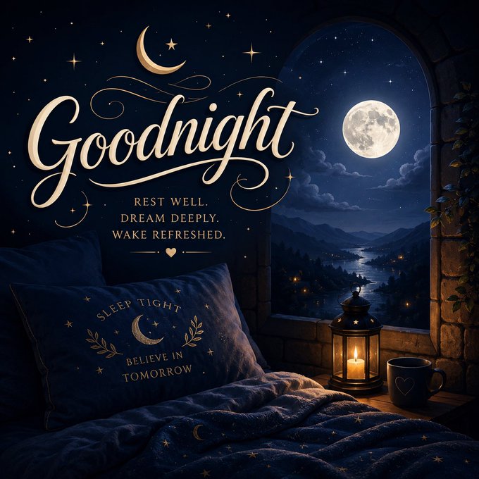 A nighttime bedroom scene with a full moon over a starry sky, featuring a candle lantern beside a pillow with a mug, and decorative text reading "Goodnight - Rest Well. Dream Deeply. Wake Refreshed." alongside a pillow embroidered with "Sleep Tight, Believe In Tomorrow."

The image's peaceful, restful aesthetic pairs with the post's message about warriors needing to recharge, using the cozy goodnight imagery to frame recovery as essential preparation for stacking tomorrow's victories in the $STKR journey.
