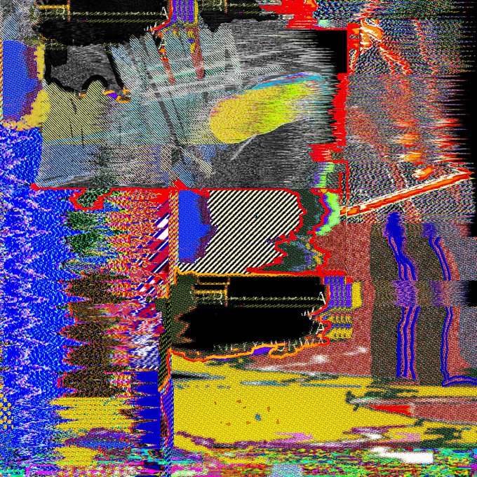 A heavily distorted and corrupted digital image featuring glitch art elements with vibrant patches of blue, red, yellow, and black, showing what appears to be fragmented photographs with rainbow color separations and pixelation.