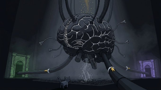 A dark, atmospheric illustration of a large, cracked black brain-like entity with long appendages in a gloomy room, with a small cat figure watching from below.