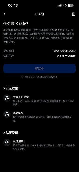 A screenshot of a Chinese social media 'X 认证' (X Verification) page showing a submission by user '@skdky_0xzoro' with the status '审核中' (Under Review).